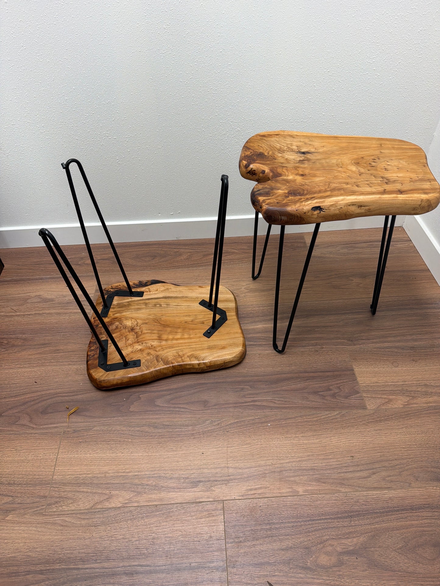 Live-Edge Wood Side Tables with Hairpin Legs — Matching Pair