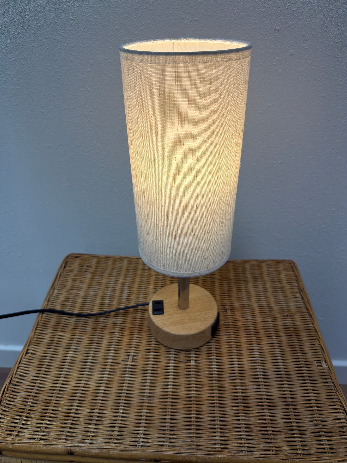 Minimalist Table Lamp — Cylinder Linen Shade, Natural Wood Disc Base