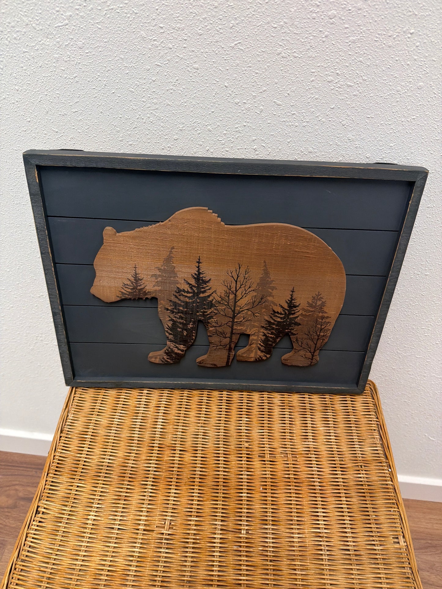 Rustic Wood Bear Wall Art — Layered Bear Silhouette on Dark Planks, Cabin Decor