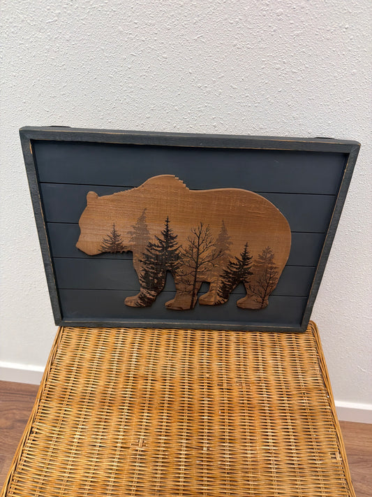 Rustic Wood Bear Wall Art — Layered Bear Silhouette on Dark Planks, Cabin Decor