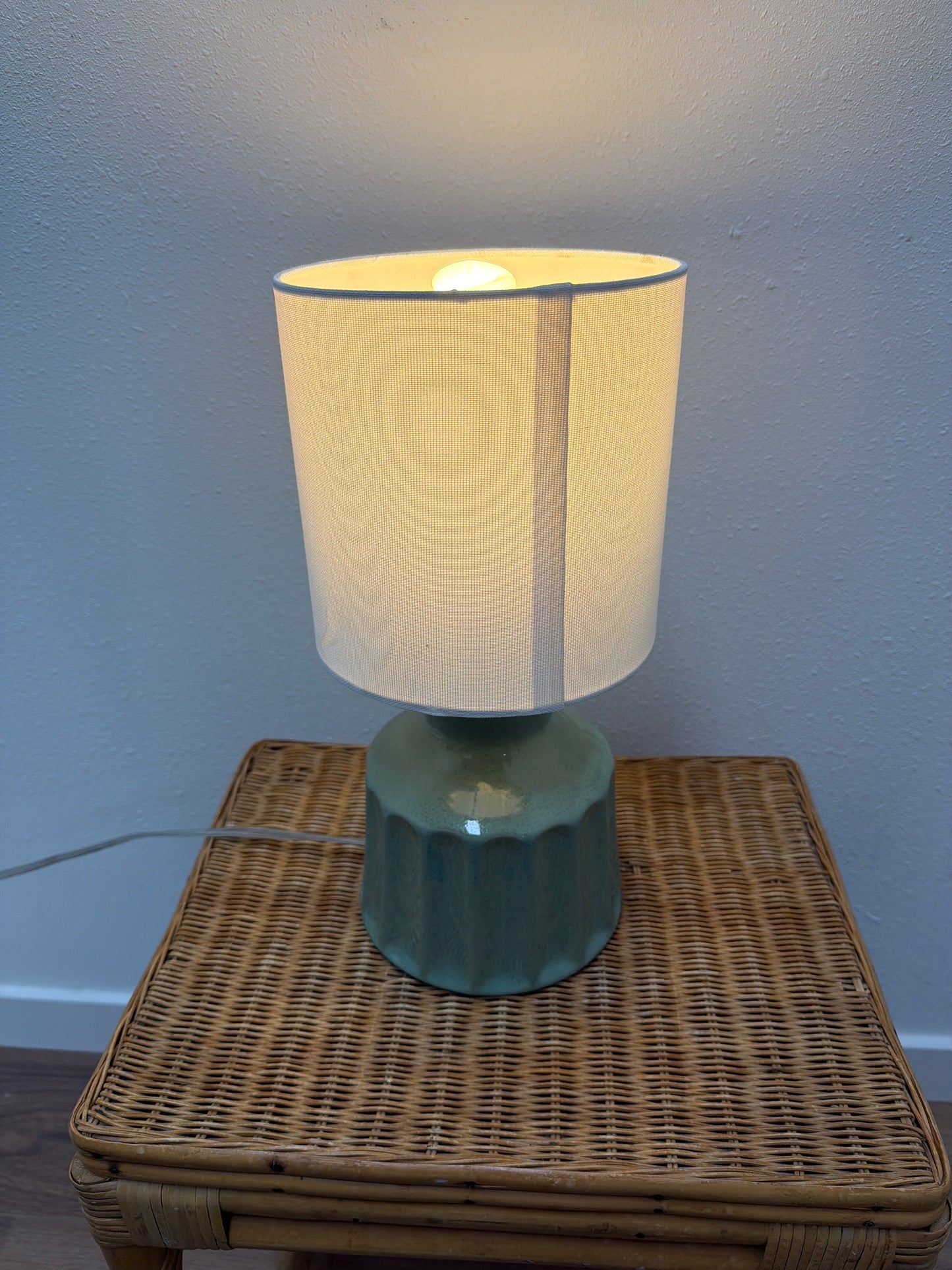 Sage Green Ceramic Table Lamp — Fluted Base, White Drum Shade