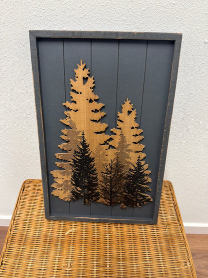 Rustic Pine Tree Silhouette Wall Art — Charcoal Wood Plank Frame