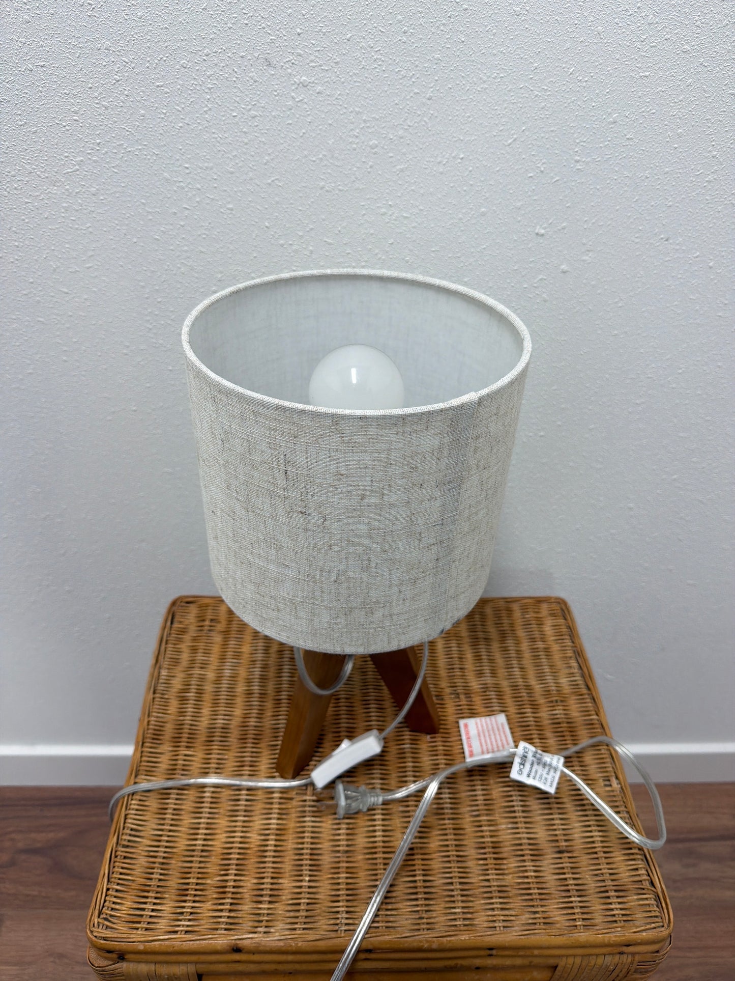 Mid-Century Tripod Table Lamp — Wood Legs + Linen Drum Shade