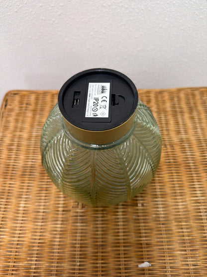 Rechargeable Cordless Glass Table Lamp — Sage Green Ribbed Leaf Design