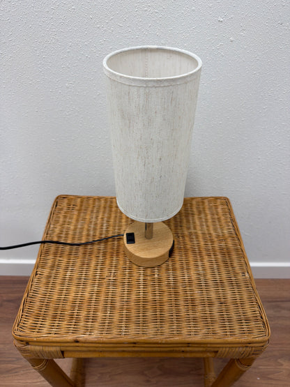 Minimalist Table Lamp — Cylinder Linen Shade, Natural Wood Disc Base