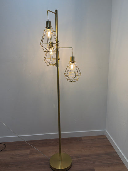 3-Light Industrial Cage Floor Lamp — Brushed Gold / Diamond Shades
