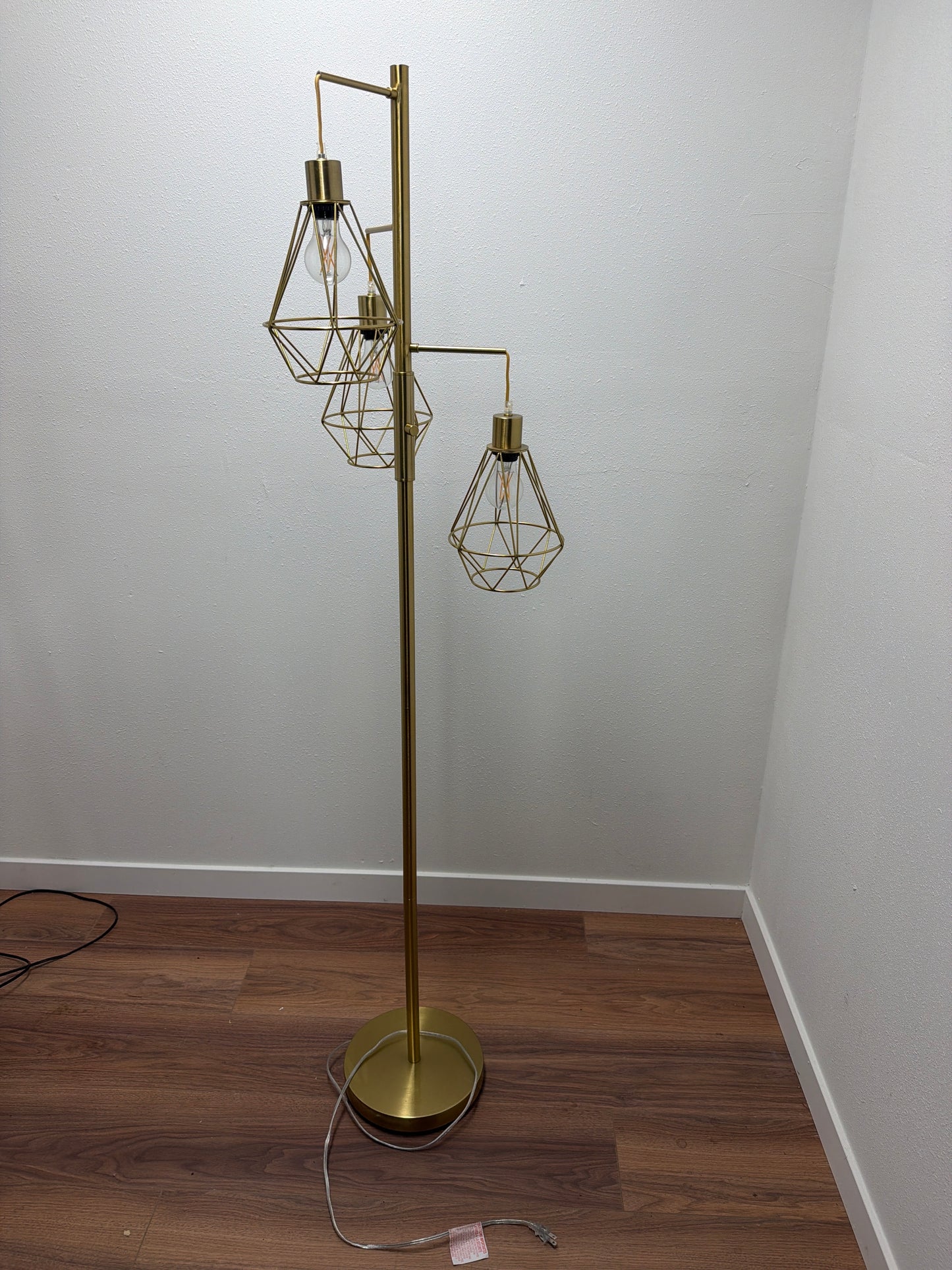 3-Light Industrial Cage Floor Lamp — Brushed Gold / Diamond Shades