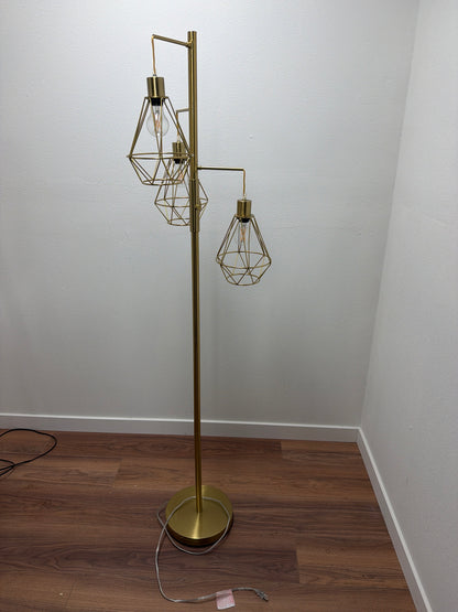3-Light Industrial Cage Floor Lamp — Brushed Gold / Diamond Shades
