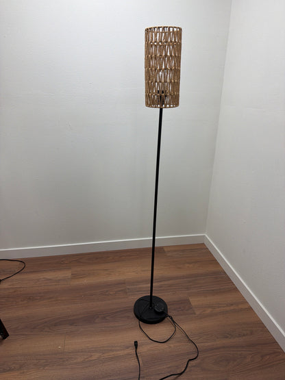 Floor Lamp with Natural Rope/Rattan Cylinder Shade — Black Metal Base