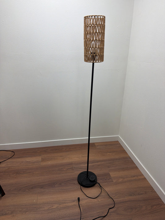 Floor Lamp with Natural Rope/Rattan Cylinder Shade — Black Metal Base