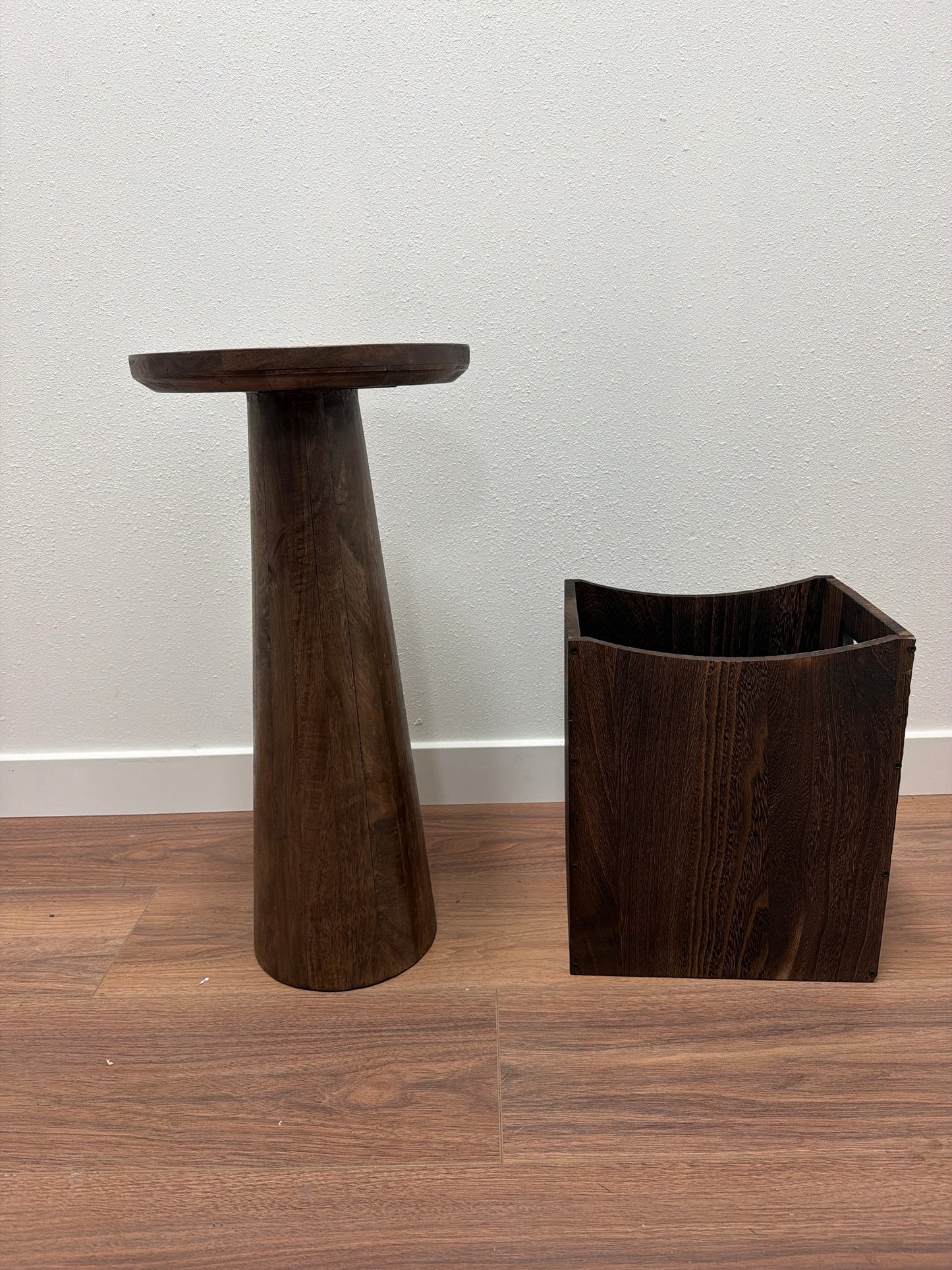Espresso Wood Pedestal Side Table + Square Trash Can — Matching Set