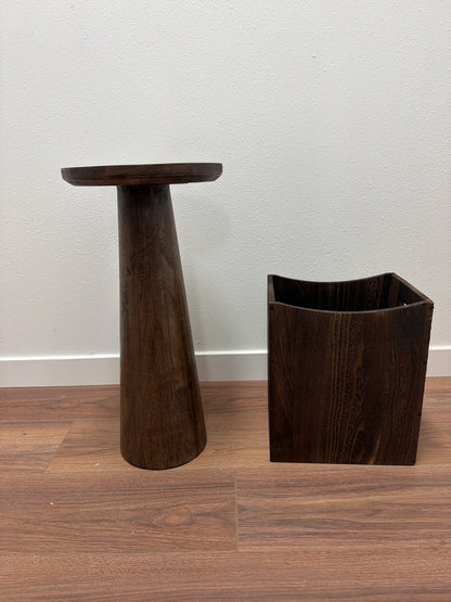 Espresso Wood Pedestal Side Table + Square Trash Can — Matching Set
