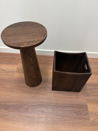 Espresso Wood Pedestal Side Table + Square Trash Can — Matching Set