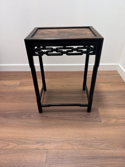 Asian Wood Plant Stand / Accent Table — Ornate Carved Lattice, Dark Finish