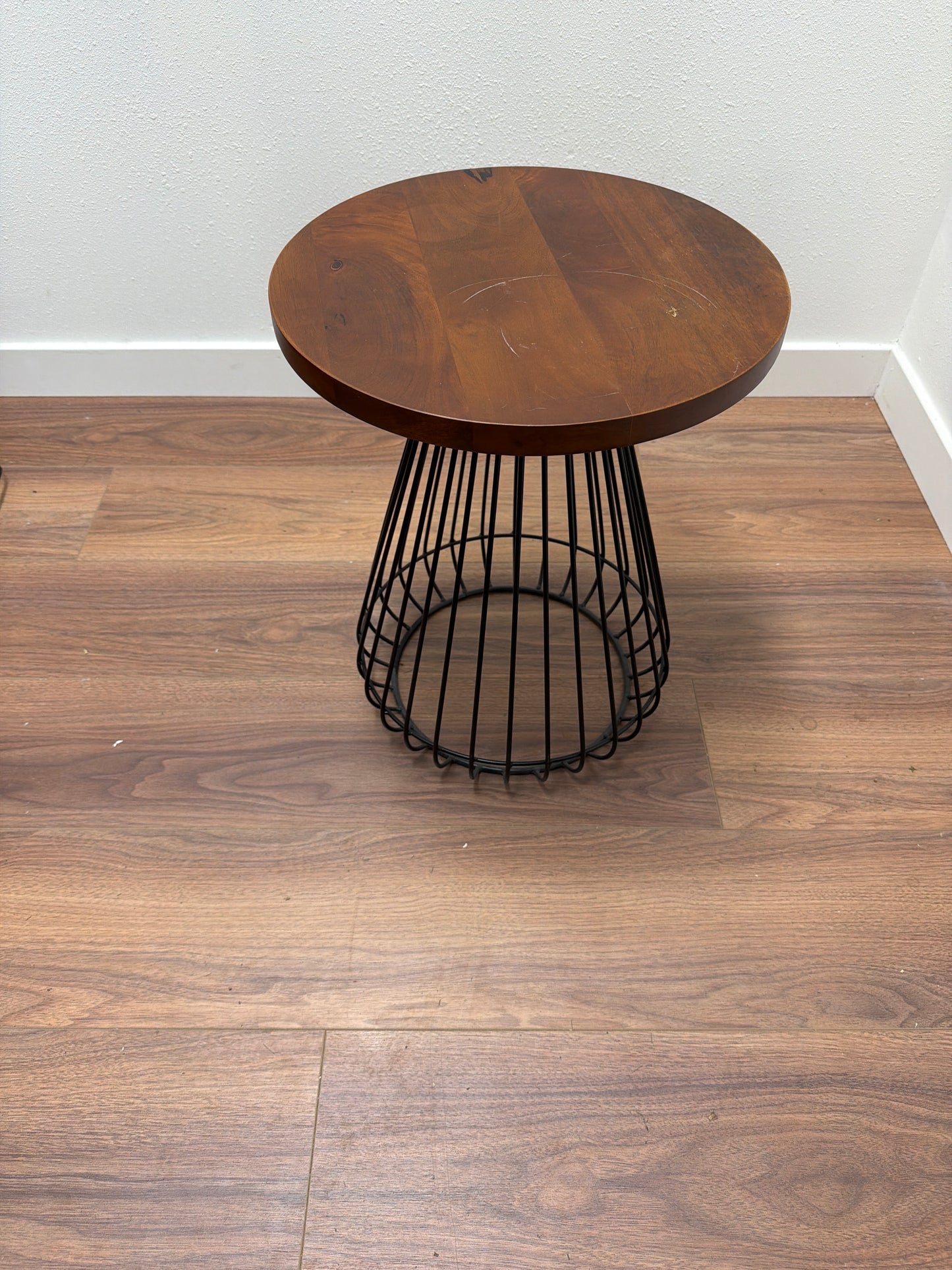 Round Wood-Top Accent Side Tables with Wire Cage Base — Set of 2
