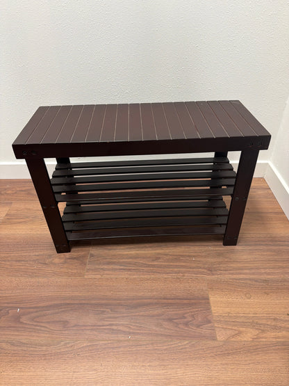 Entryway Shoe Bench with 2 Slatted Storage Shelves — Dark Espresso Wood