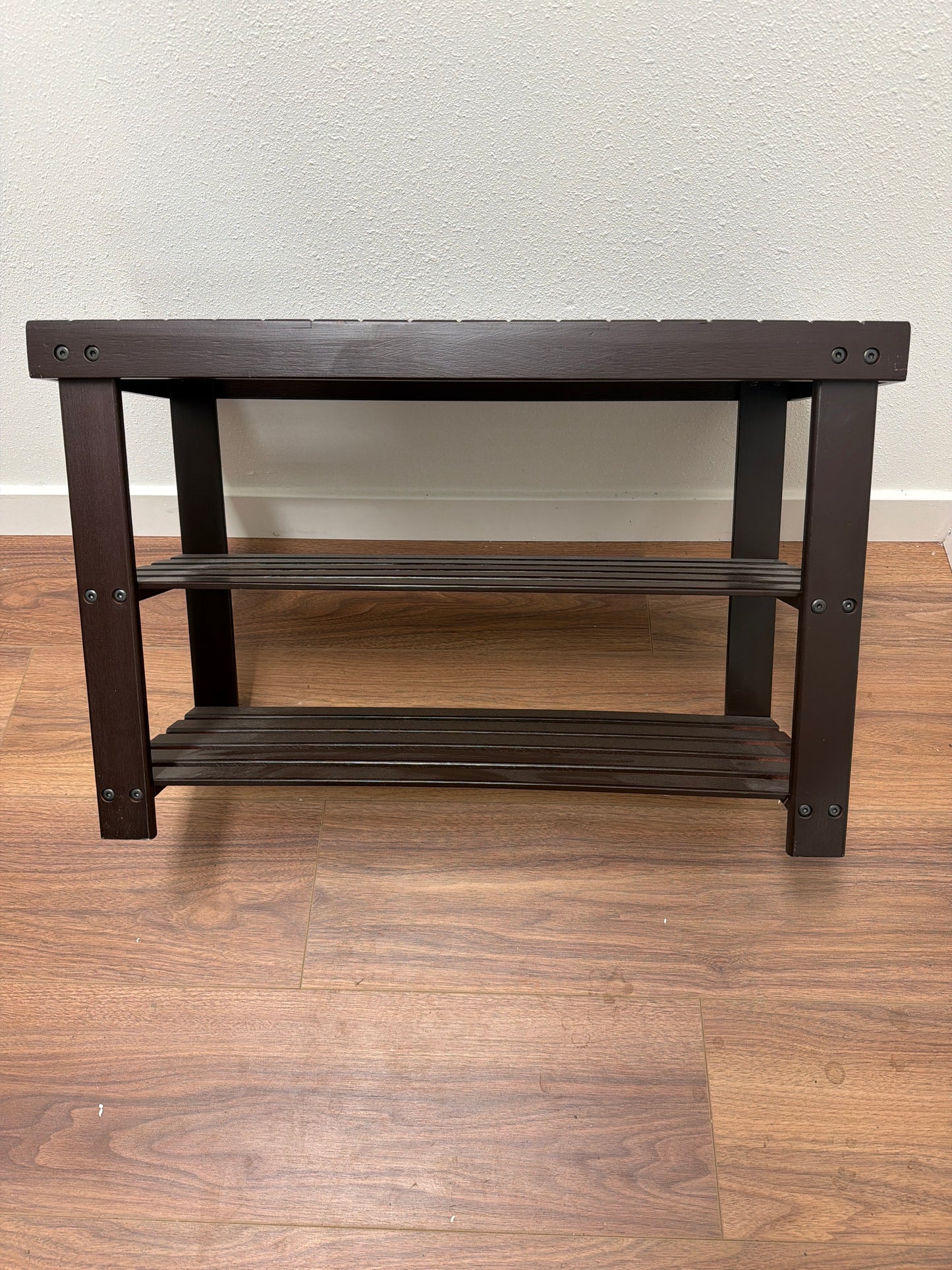 Entryway Shoe Bench with 2 Slatted Storage Shelves — Dark Espresso Wood