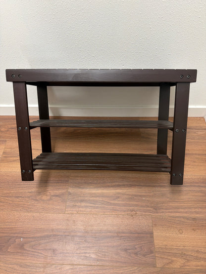 Entryway Shoe Bench with 2 Slatted Storage Shelves — Dark Espresso Wood