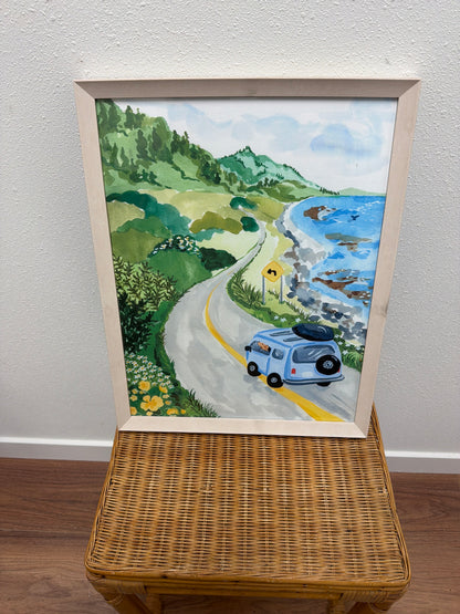 VW Camper Van Coastal Road Painting — Framed Folk Art, White Frame