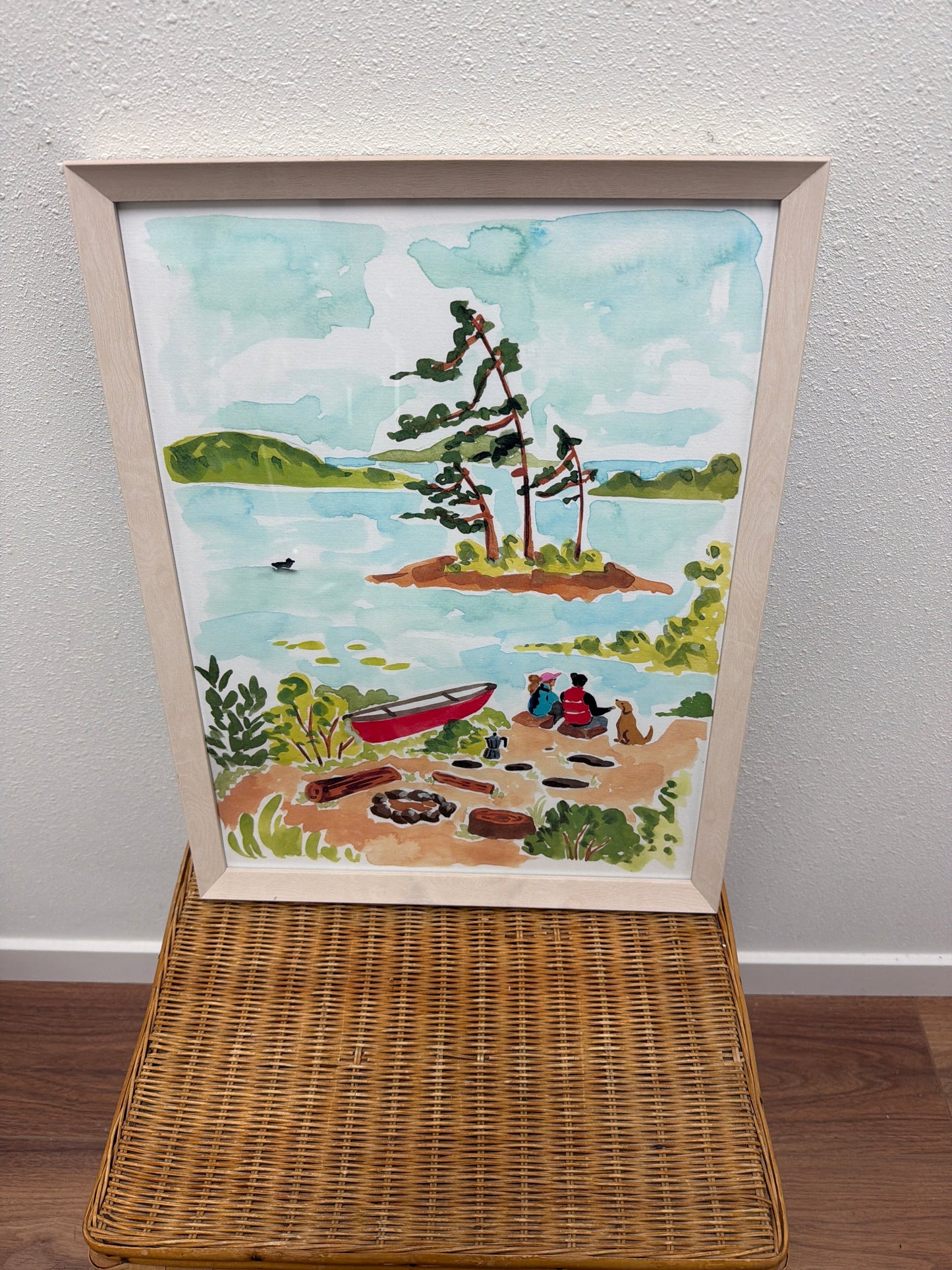 PNW Lake Camping Scene Painting — Framed Folk Art, White Frame
