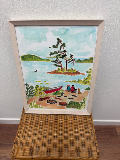PNW Lake Camping Scene Painting — Framed Folk Art, White Frame