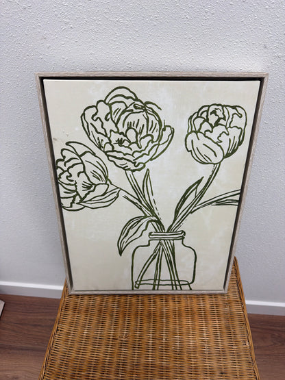 Olive Green Peony Line Art Canvas — Botanical, White Float Frame