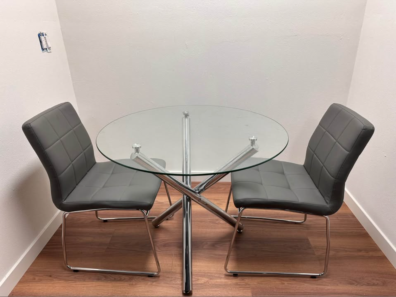 Round Glass-Top Dining Table + 2 Gray Chairs — Modern Bistro Set