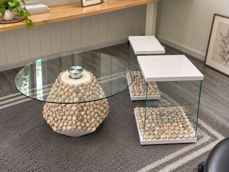 Glass & Stone Ball 3-Piece Table Set — Round Coffee + 2 End Tables