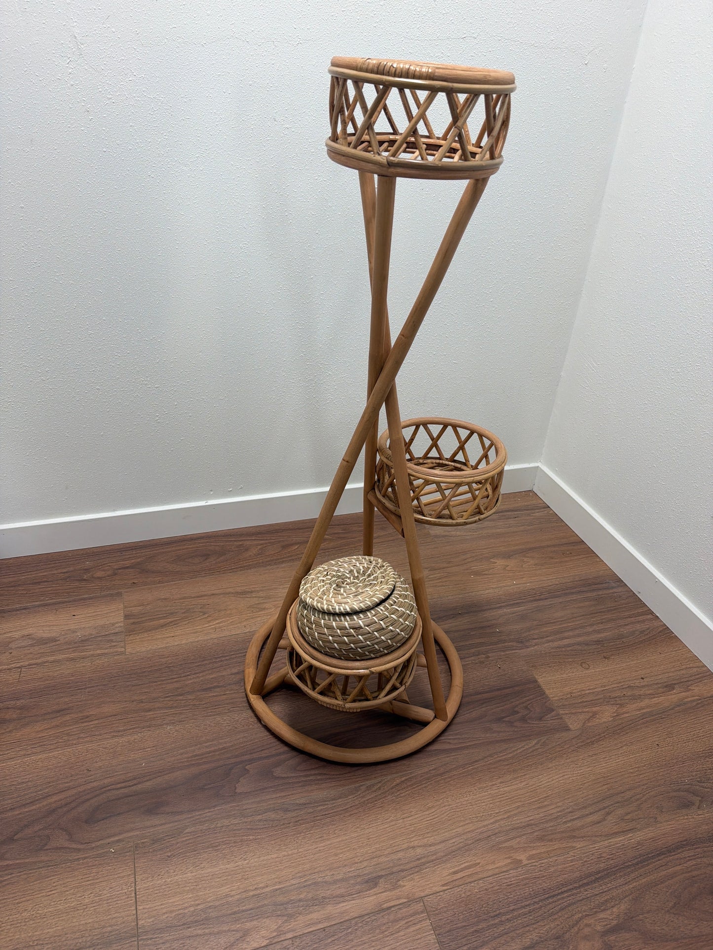 3-Tier Rattan Plant Stand — Bamboo, Boho, Twisted X-Frame