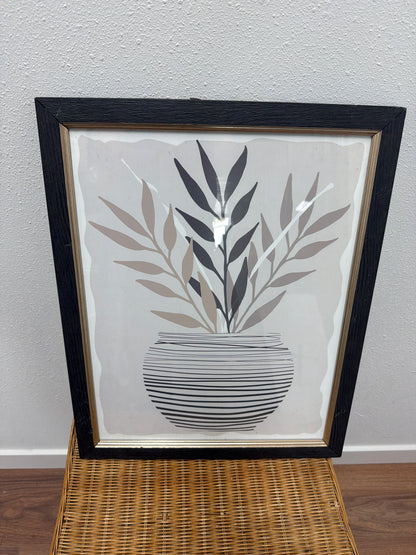 Framed Minimalist Botanical Wall Art — Olive Branch in Bowl, Black & Gold Frame