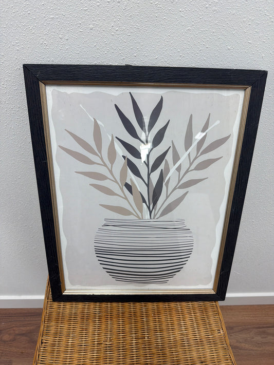 Framed Minimalist Botanical Wall Art — Olive Branch in Bowl, Black & Gold Frame