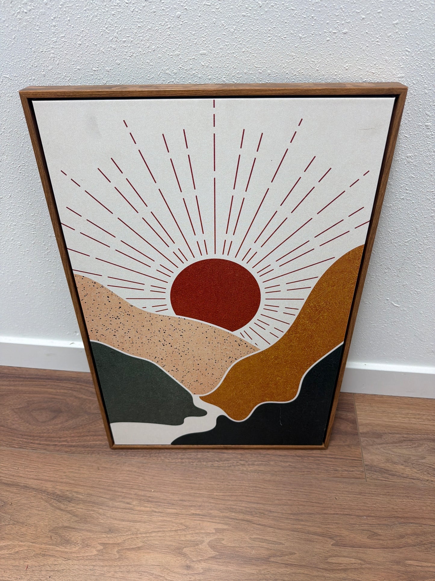 Boho Abstract Sun Landscape Canvas — Walnut Float Frame