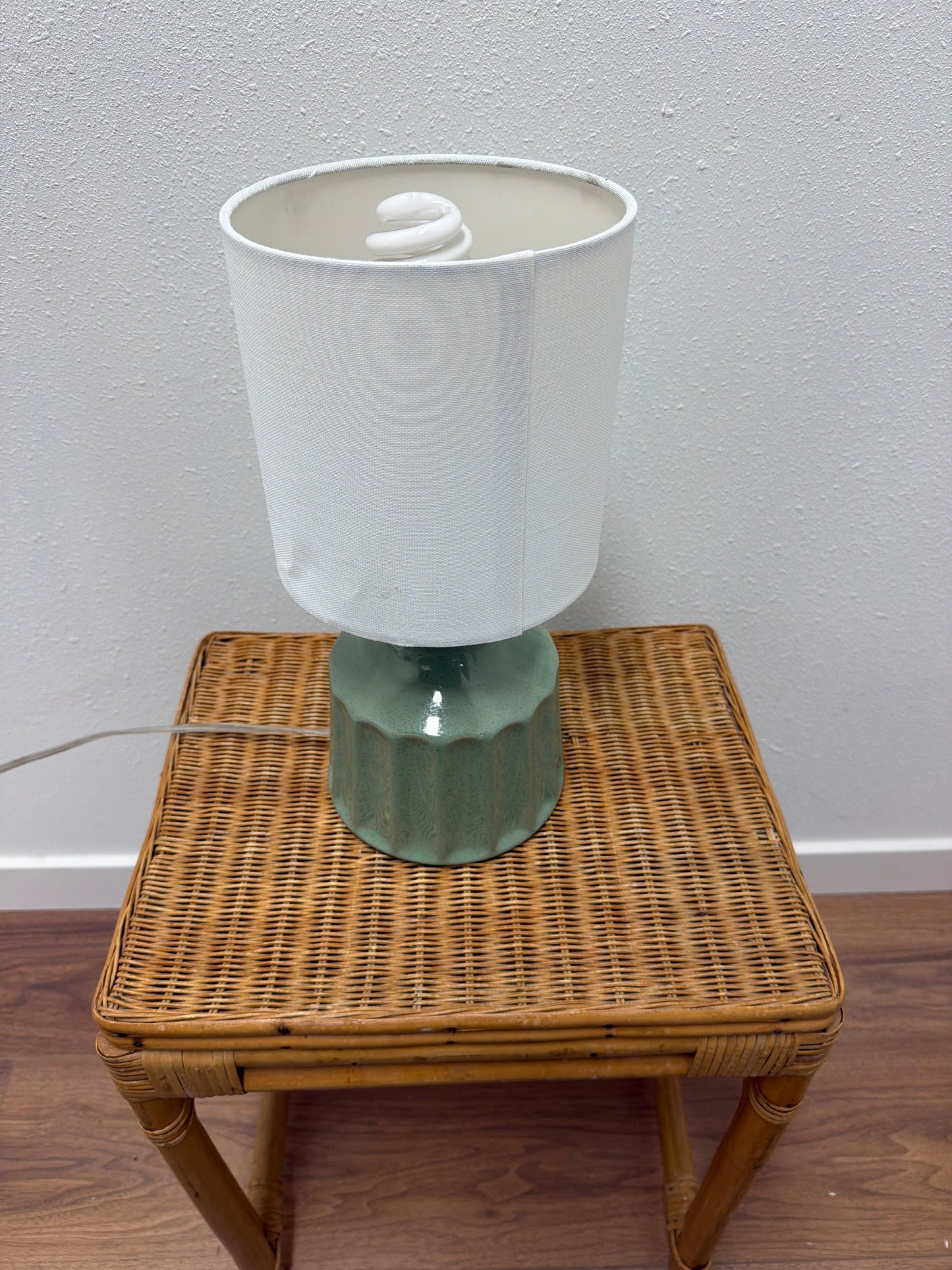 Sage Green Ceramic Table Lamp — Fluted Base, White Drum Shade