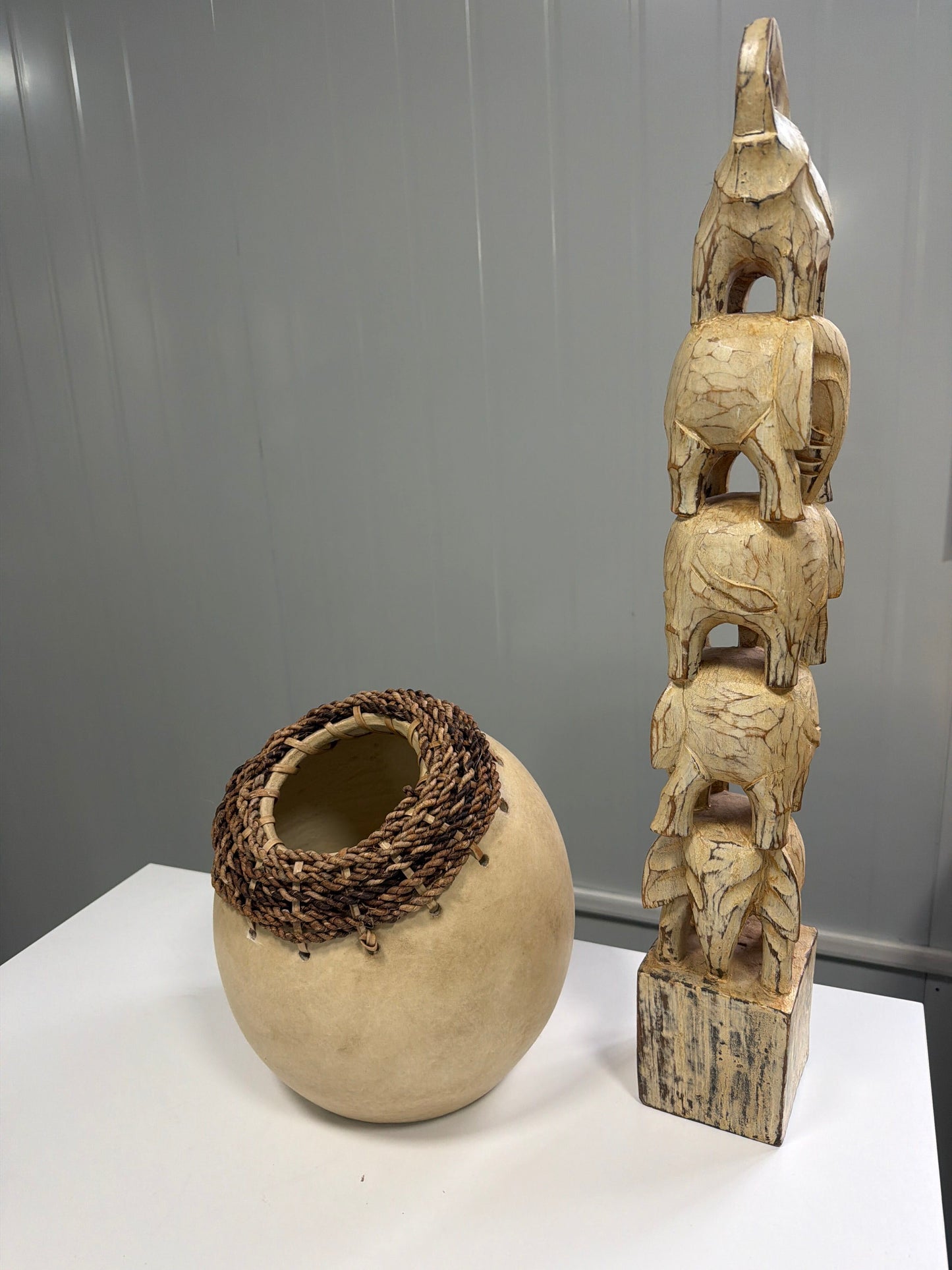 Boho Decor Bundle — Carved Wood Elephant Totem + Woven Clay Pot