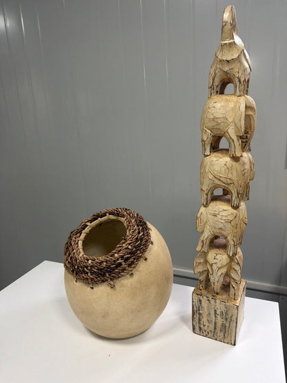 Boho Decor Bundle — Carved Wood Elephant Totem + Woven Clay Pot