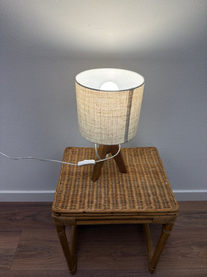 Mid-Century Tripod Table Lamp — Wood Legs + Linen Drum Shade