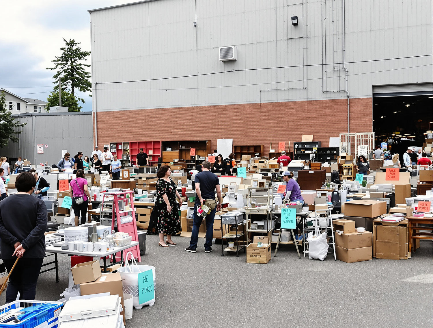 Community give-away event with neighbors browsing items